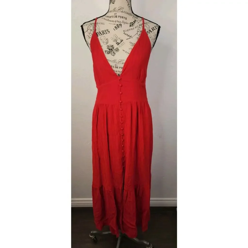 Abercrombie & Fitch Maxi Dress Medium Tall MT Button Front Red Cottage Bohemian